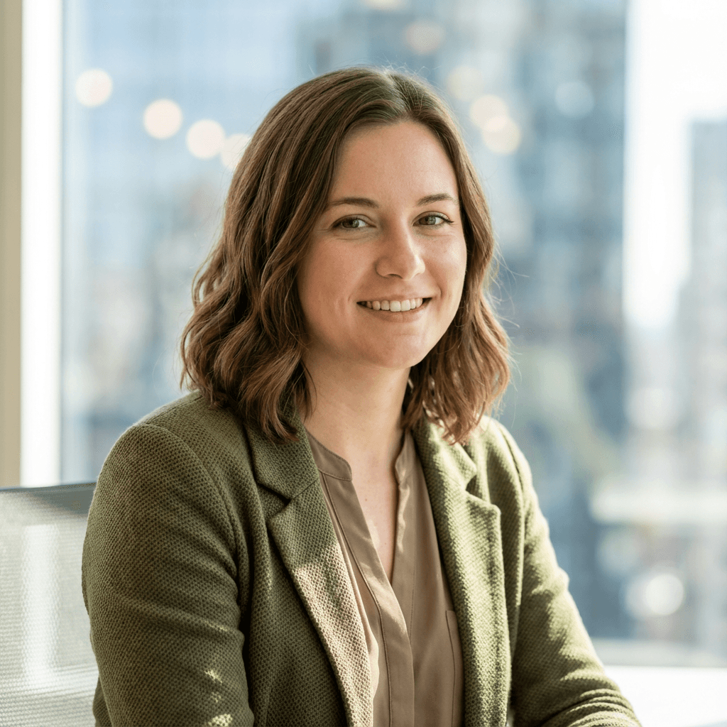 Alex Thompson in professional business attire at her office