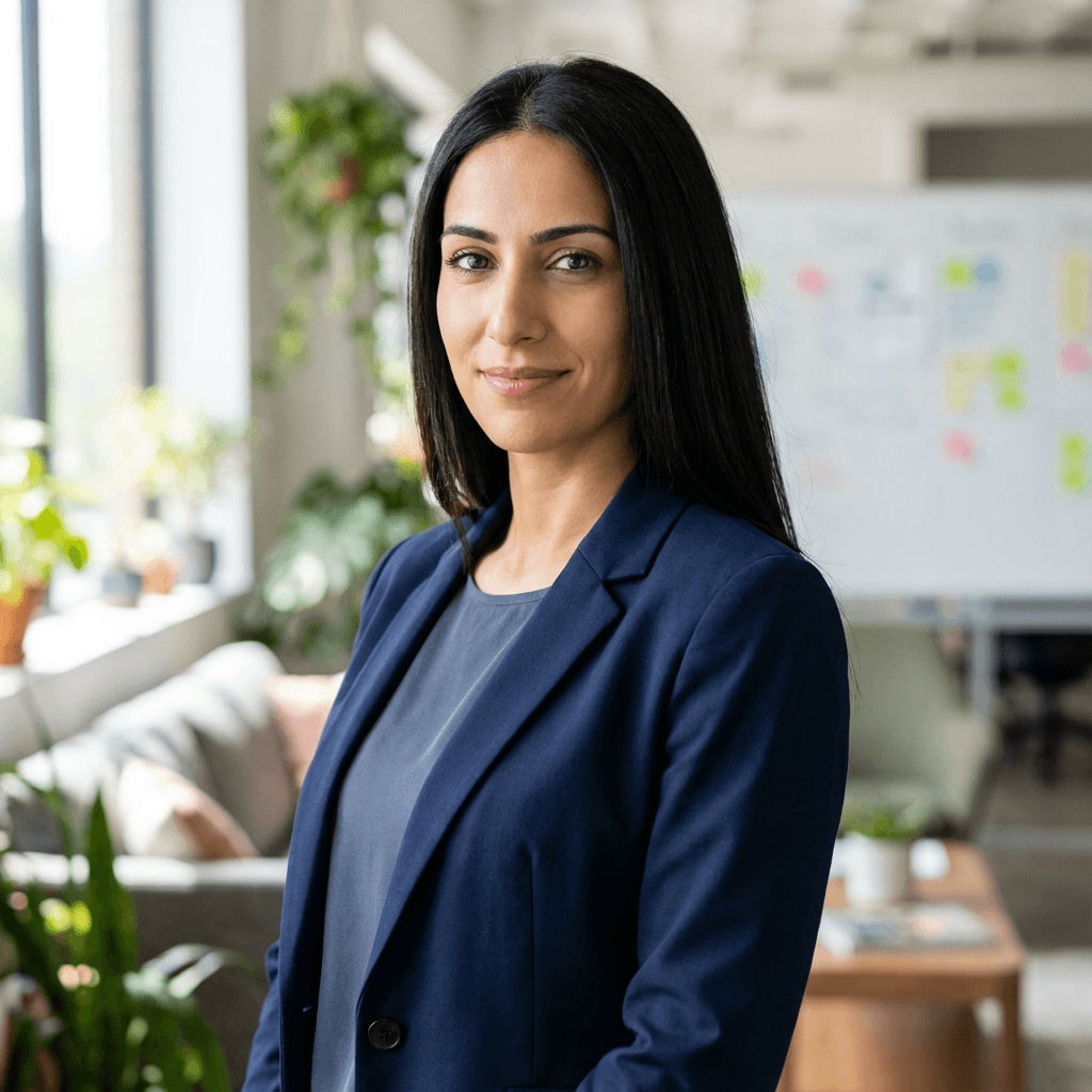 Portrait of Monique Carter, operations lead, standing in an office lobby