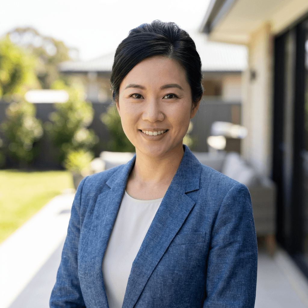 Rachel Kim, property manager in a blazer