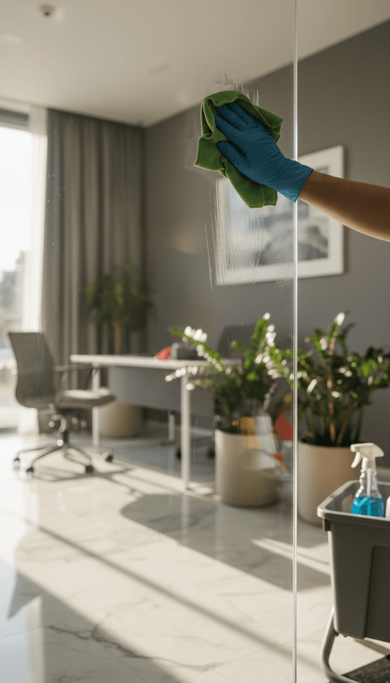 Cleaning professional wiping a glass door in a Memphis office building