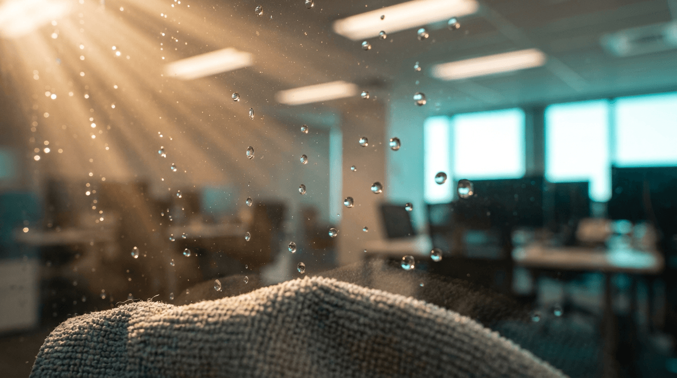 Cleaning professional wiping down a glass door in a bright Memphis office