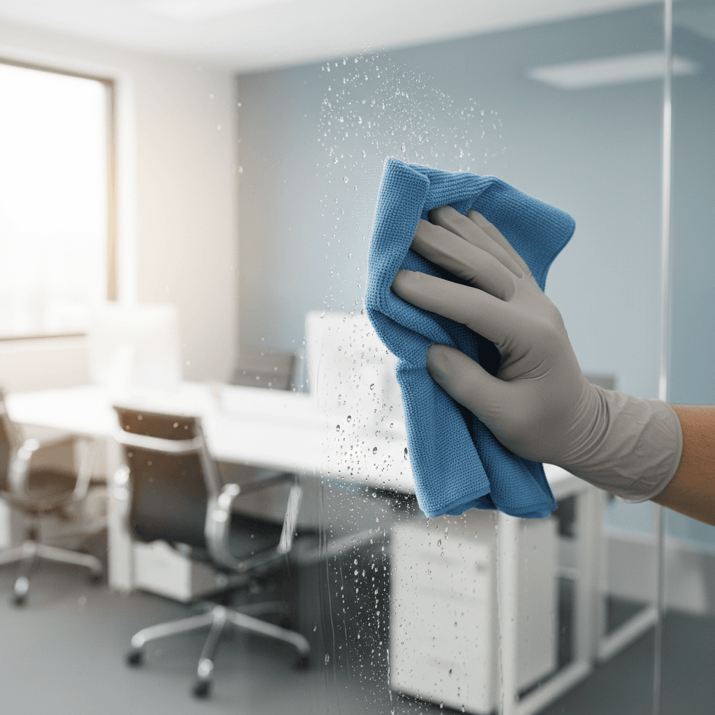Gloved hand cleaning a glass office door